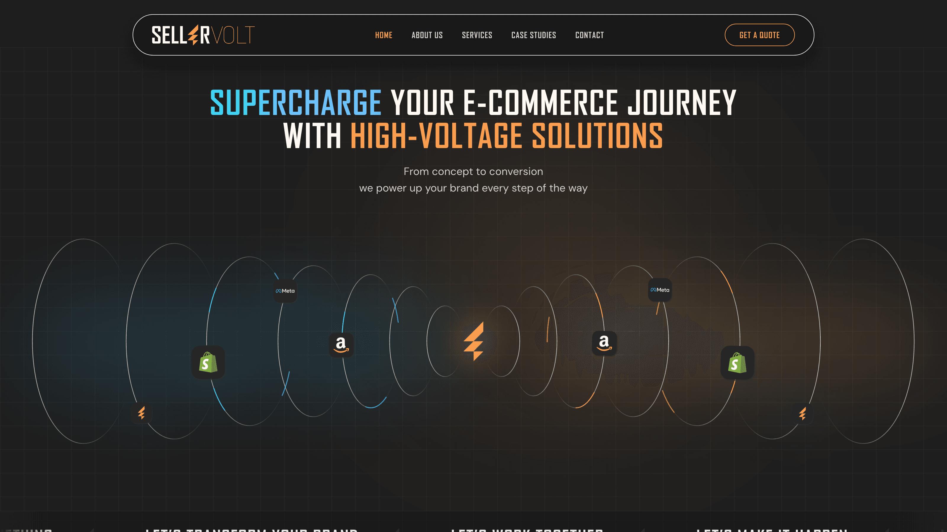 SellerVolt — A one-stop e-commerce agency brand, from the lightning bolt in the logo to the live website.